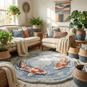 Modern Interior Hand-Tufted Round Koi Fish Rug