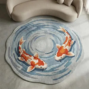 Modern Interior Hand-Tufted Round Koi Fish Rug
