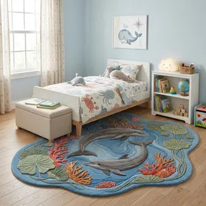 Ocean Dream 3D Dolphin Rug – Hand-Tufted Coral Reef Nursery Carpet