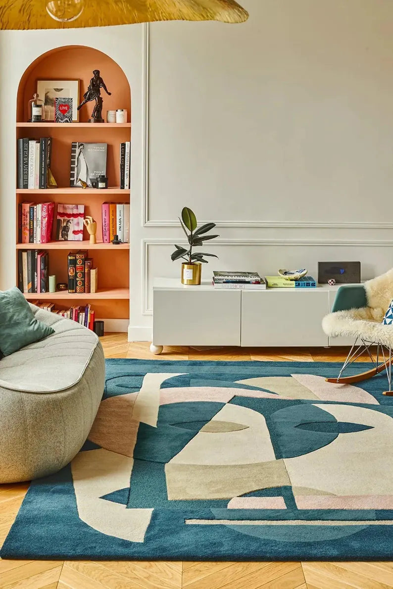 Blue Hand-Tufted Wool Area Rug – Traditional Turkish Inspired Rug